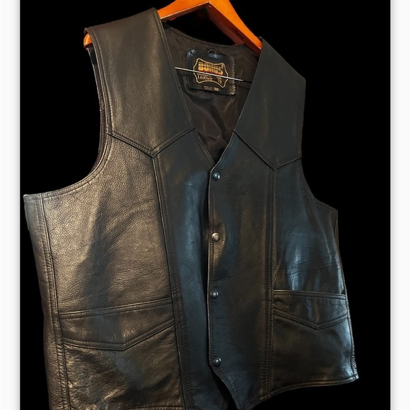 Bonus Western Men Vest Sz 50 Black Genuine Leather Sleeveless Button Down - Picture 5 of 11